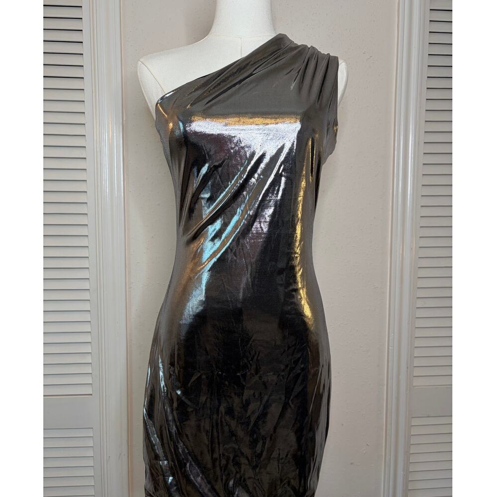 Grey Metallic One-Shoulder Mini Bodycon Dress Sz M #Liquid Chrome